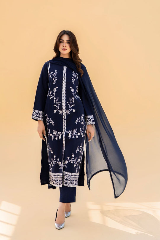 Preet Dark Blue Stitched 3-Piece Embroidered Dress