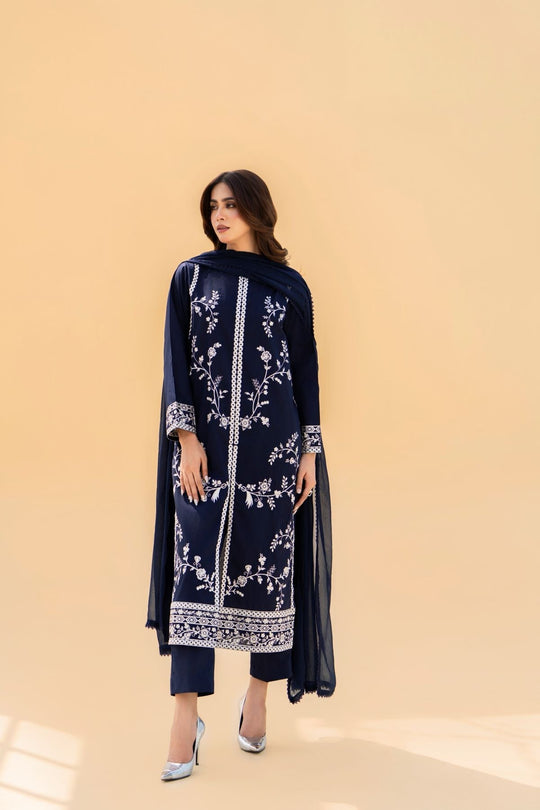 Preet Dark Blue Stitched 3-Piece Embroidered Dress