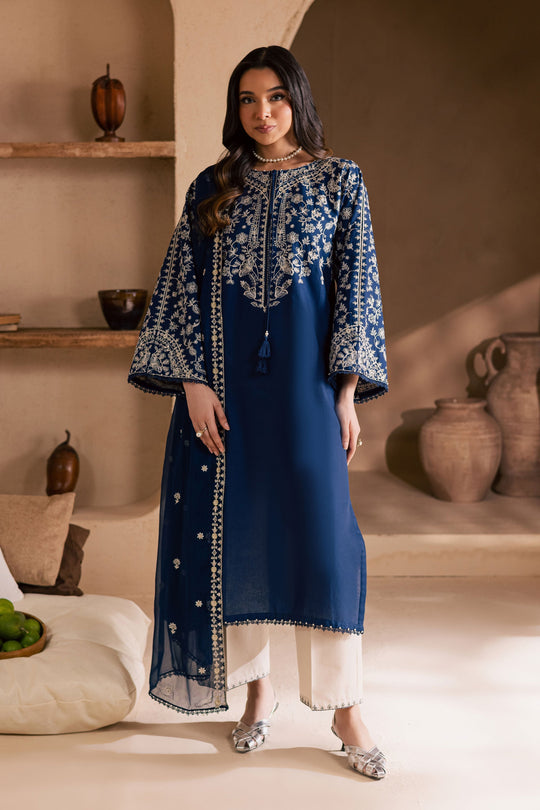 Blue Pashmina 3Pc - Embroidered Dress
