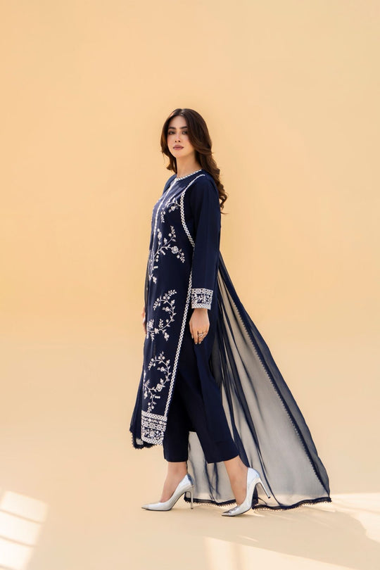 Preet Dark Blue Stitched 3-Piece Embroidered Dress